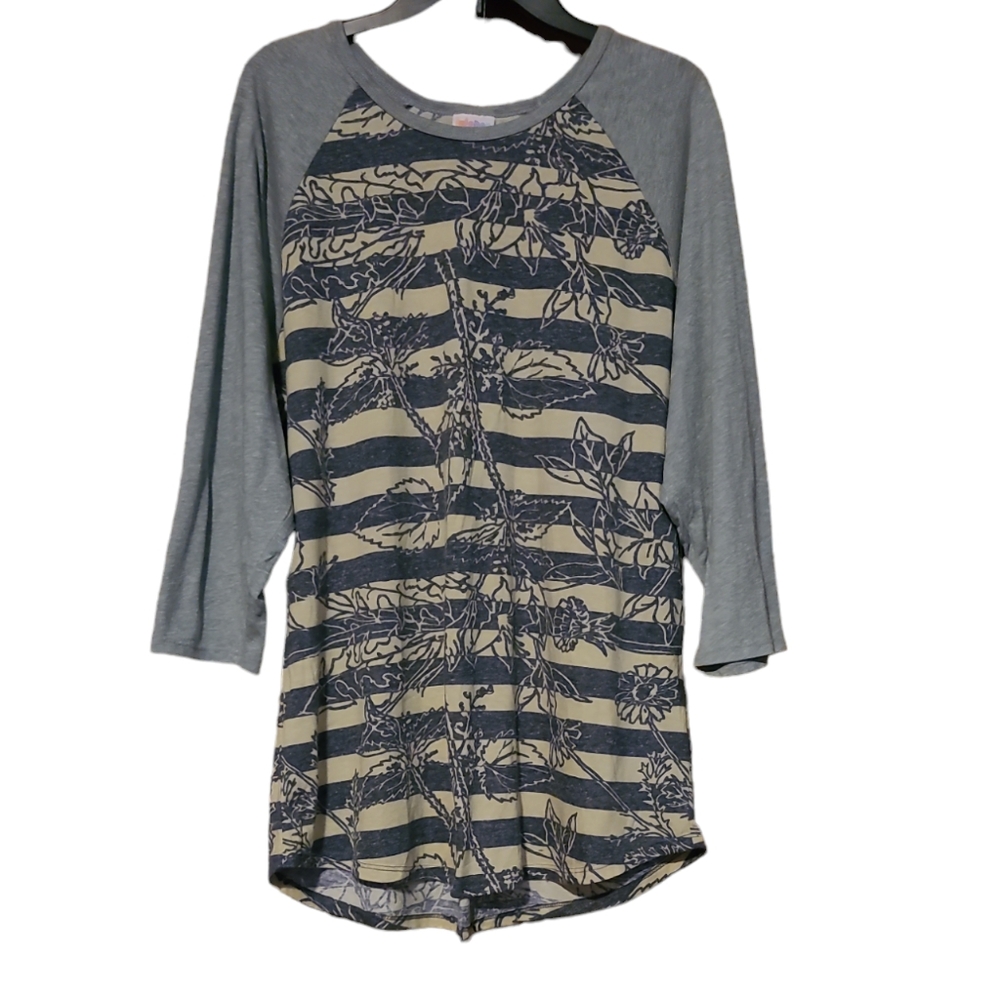 LLR LuLaRoe Randy 3/4 Sleeve Shirt Gray Cream Heather Blue Floral Print Sz 3XL